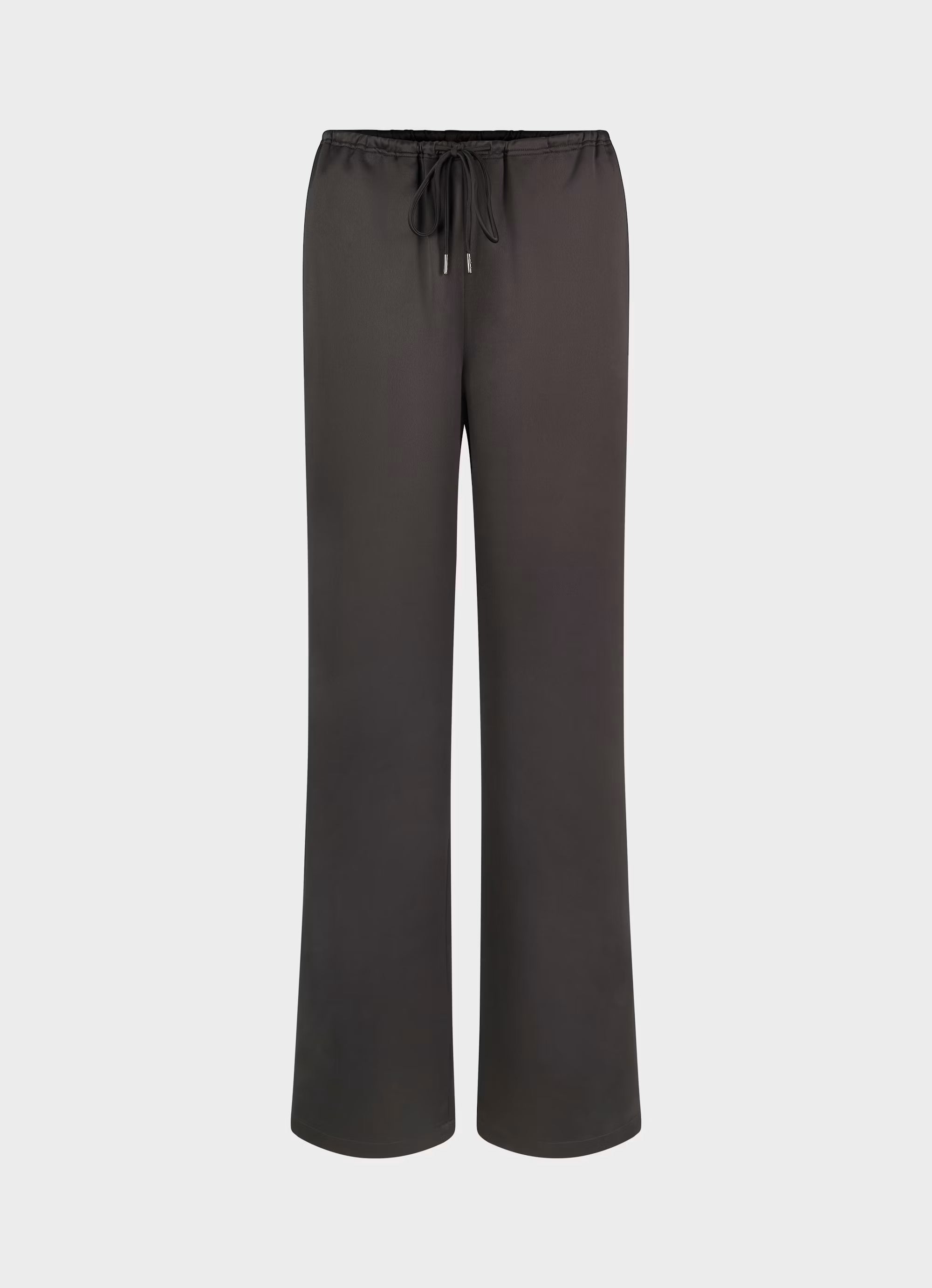 Dunkelbraune Satin-Hose mit weitem Bein, elastischem Bund und Bindeband.