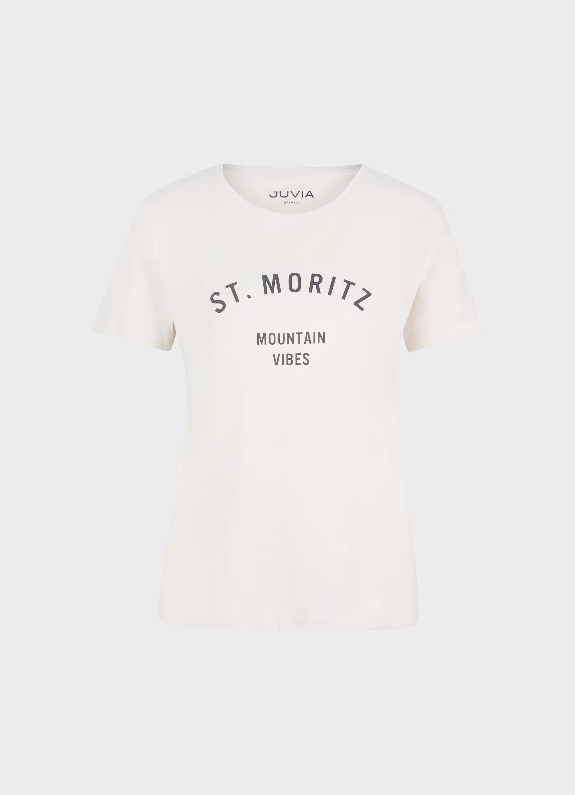 JUVIA T-Shirt „St. Moritz Mountain Vibes“ in Off White mit grauem Frontprint aus weicher Baumwolle.