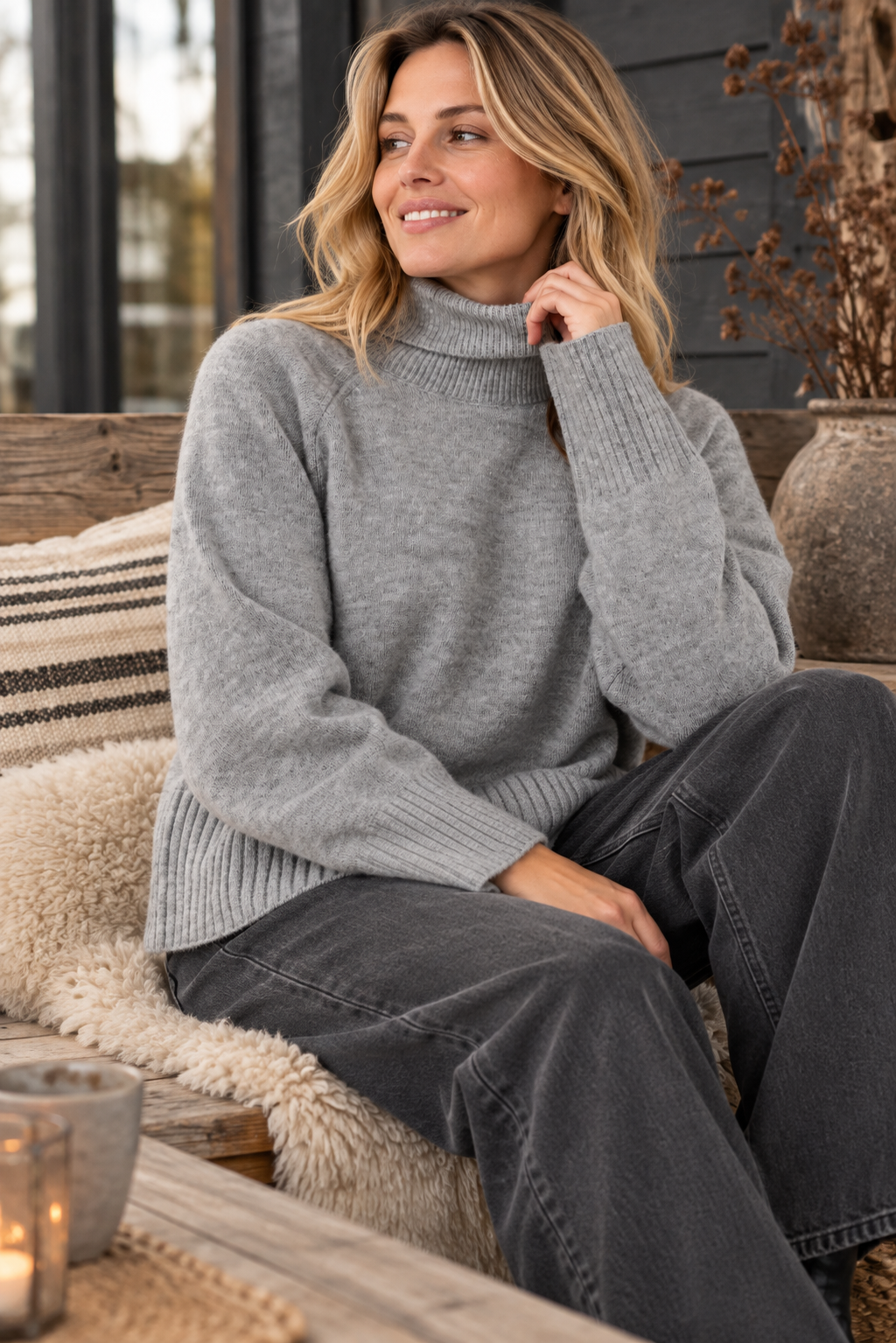 Kaffe Rollkragenpullover in Grey Melange mit breiten Rippstrickbündchen