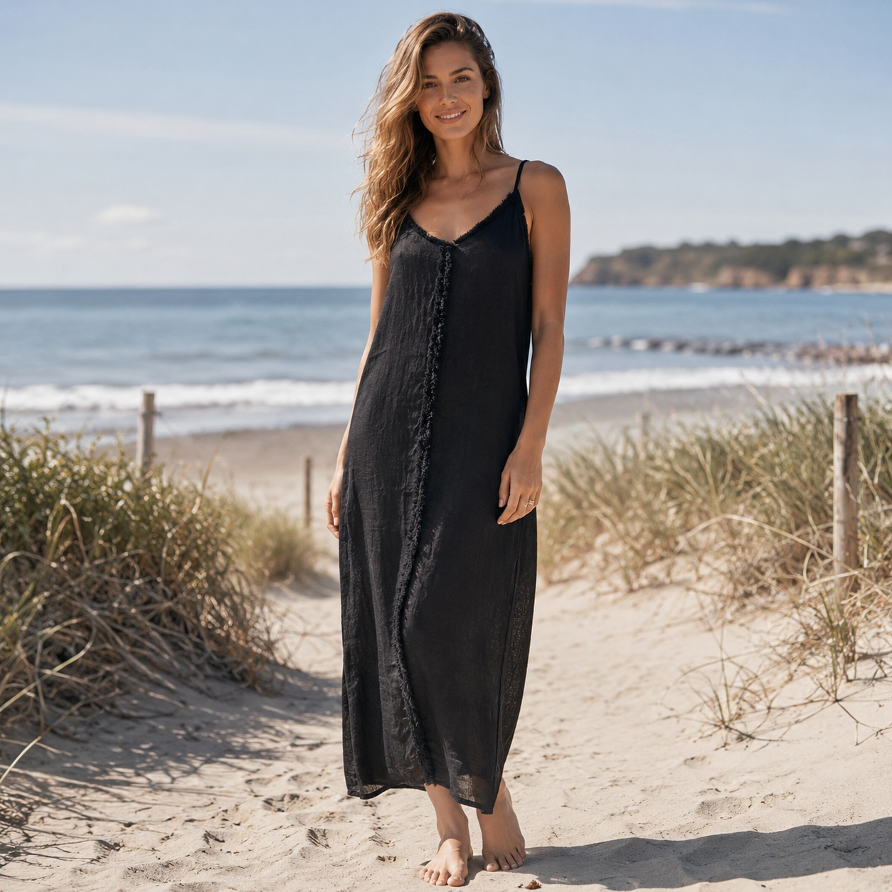 Schwarzes Leinenkleid mit Spaghettiträgern aus 100 % Leinen für Damen