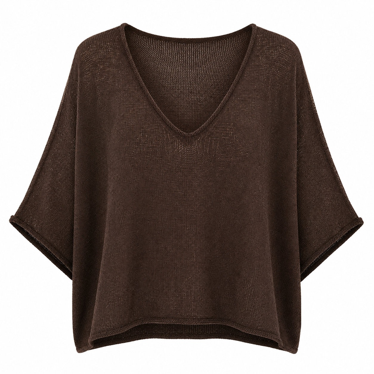 Pullover BROWN für Damen in Schokobraun mit V-Ausschnitt, weiten halblangen Ärmeln und leichter Strickstruktur