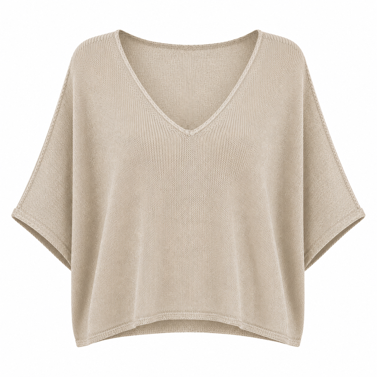 Pullover SAND für Damen in leichter Strickoptik mit V-Ausschnitt und weiten halblangen Ärmeln