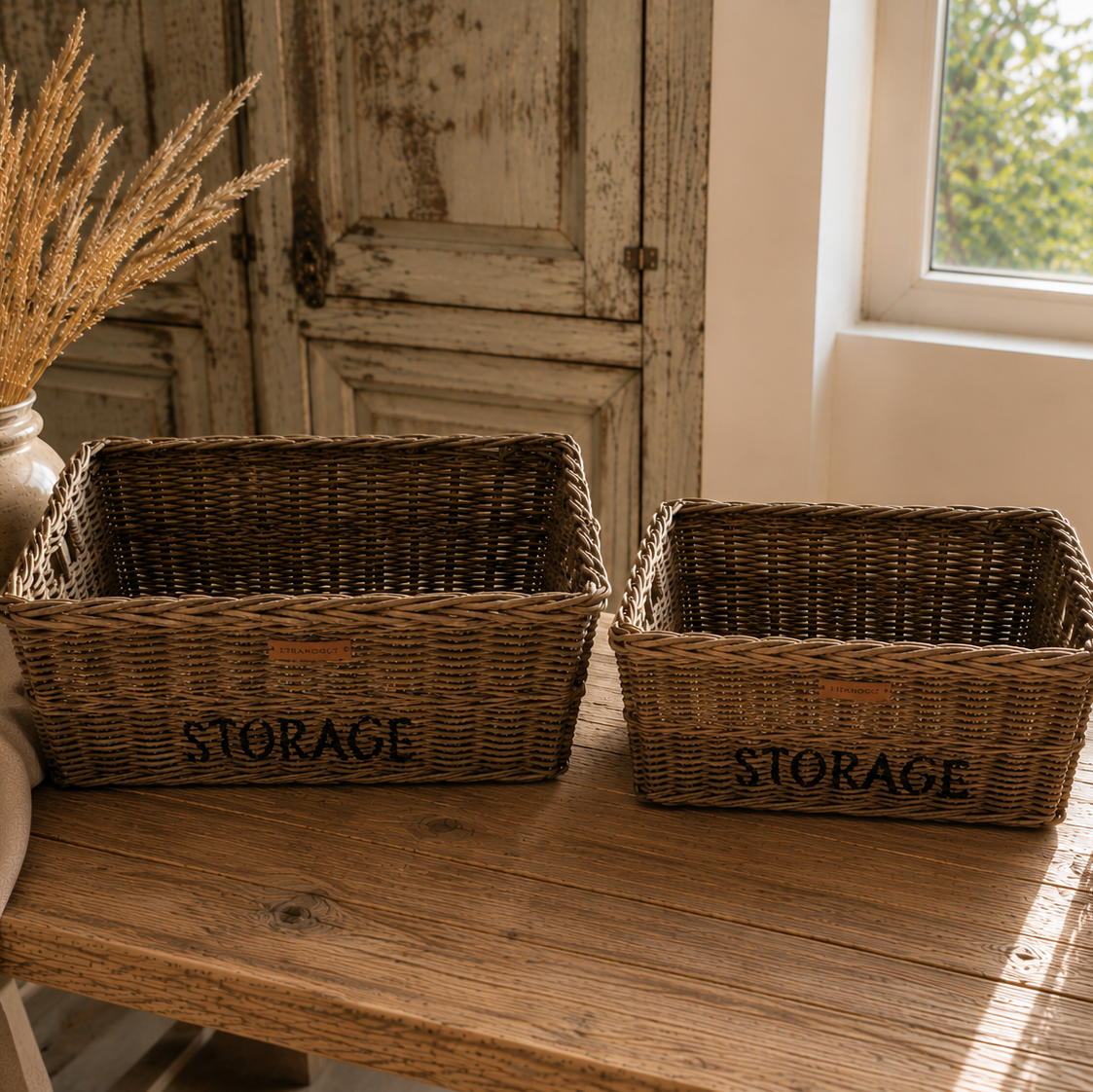 Rattan Storage Korb von STRANDGUT in natürlichem Braun als dekorativer Aufbewahrungskorb im Regal