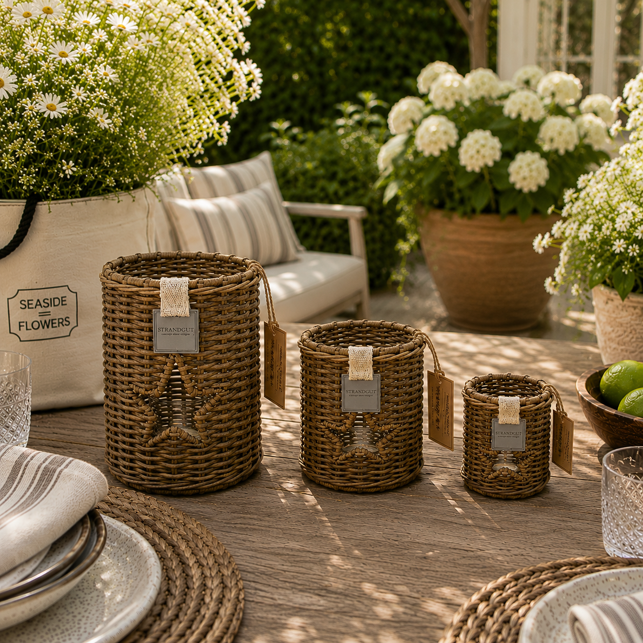 Handgefertigte Rattan Windlichter mit Stern in drei Größen auf gedecktem Gartentisch