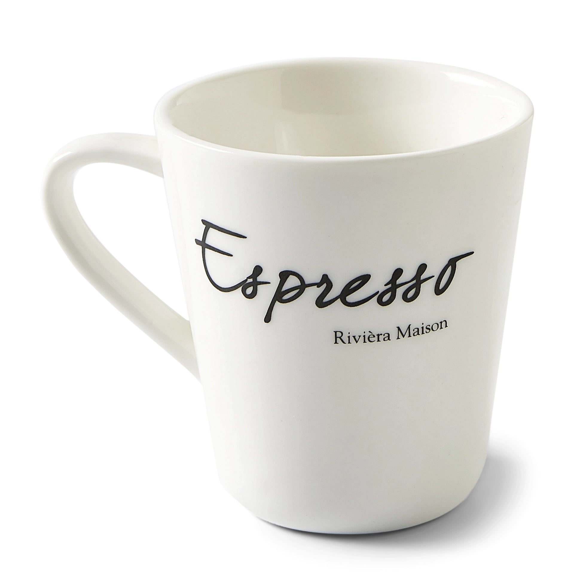 Weiße Riviera Maison Espressotasse aus Porzellan mit schwarzer Espresso-Aufschrift.