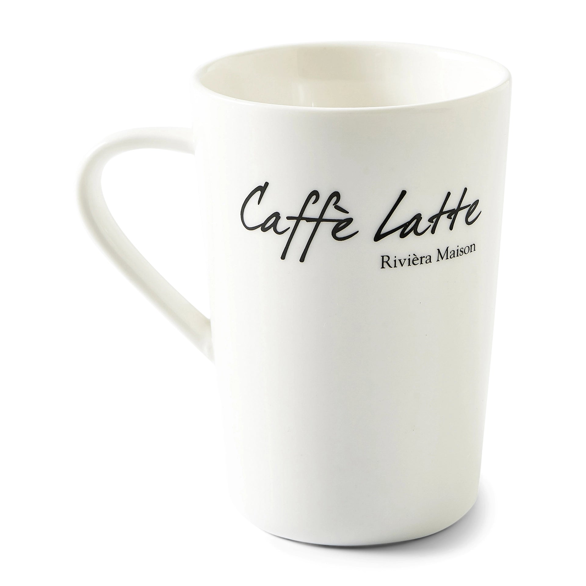 Weiße Caffè Latte Tasse aus Porzellan von Riviera Maison mit schwarzer Caffè Latte-Aufschrift.