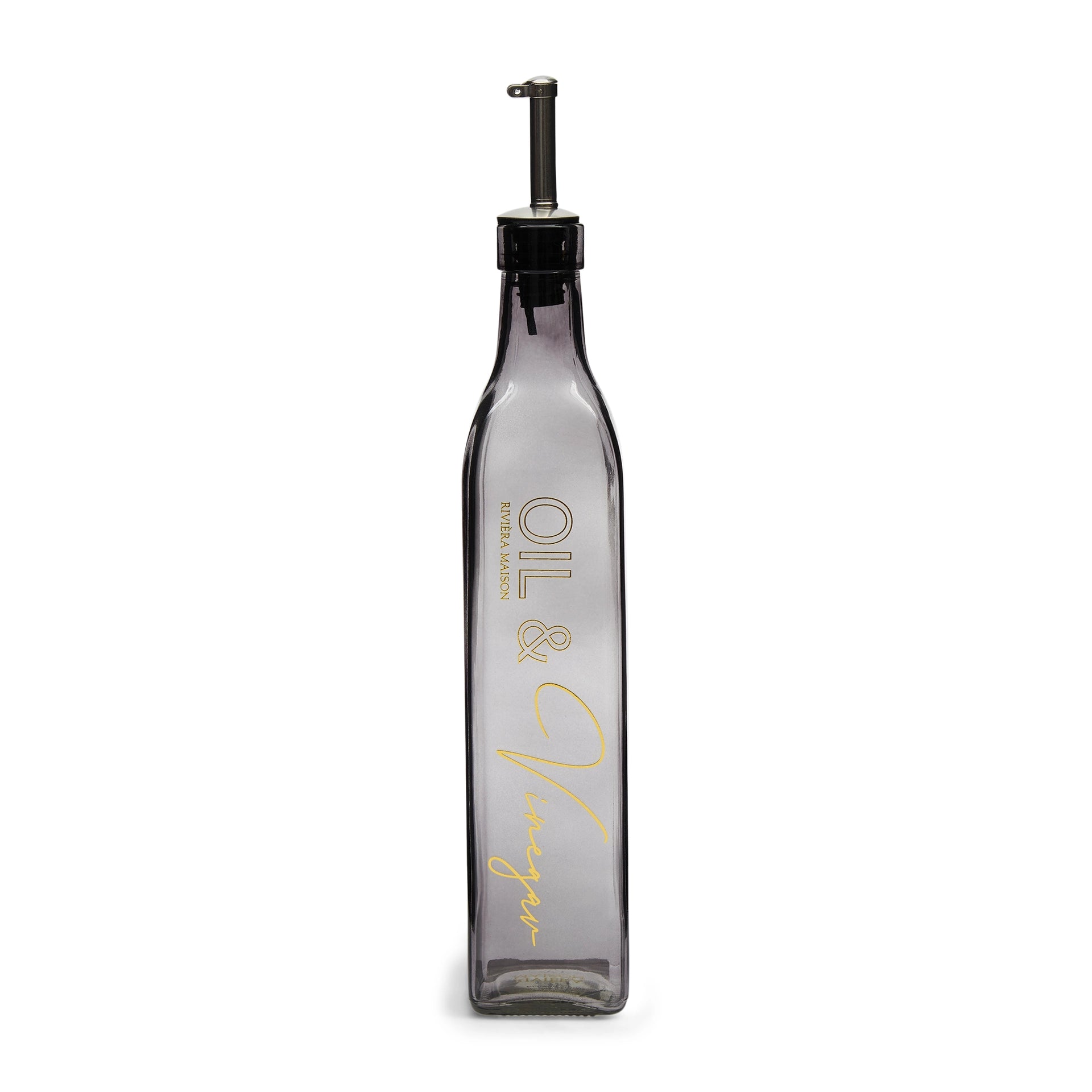 Riviera Maison Oil & Vinegar Bottle aus getöntem Glas mit Ausgießer und goldfarbenem Schriftzug.