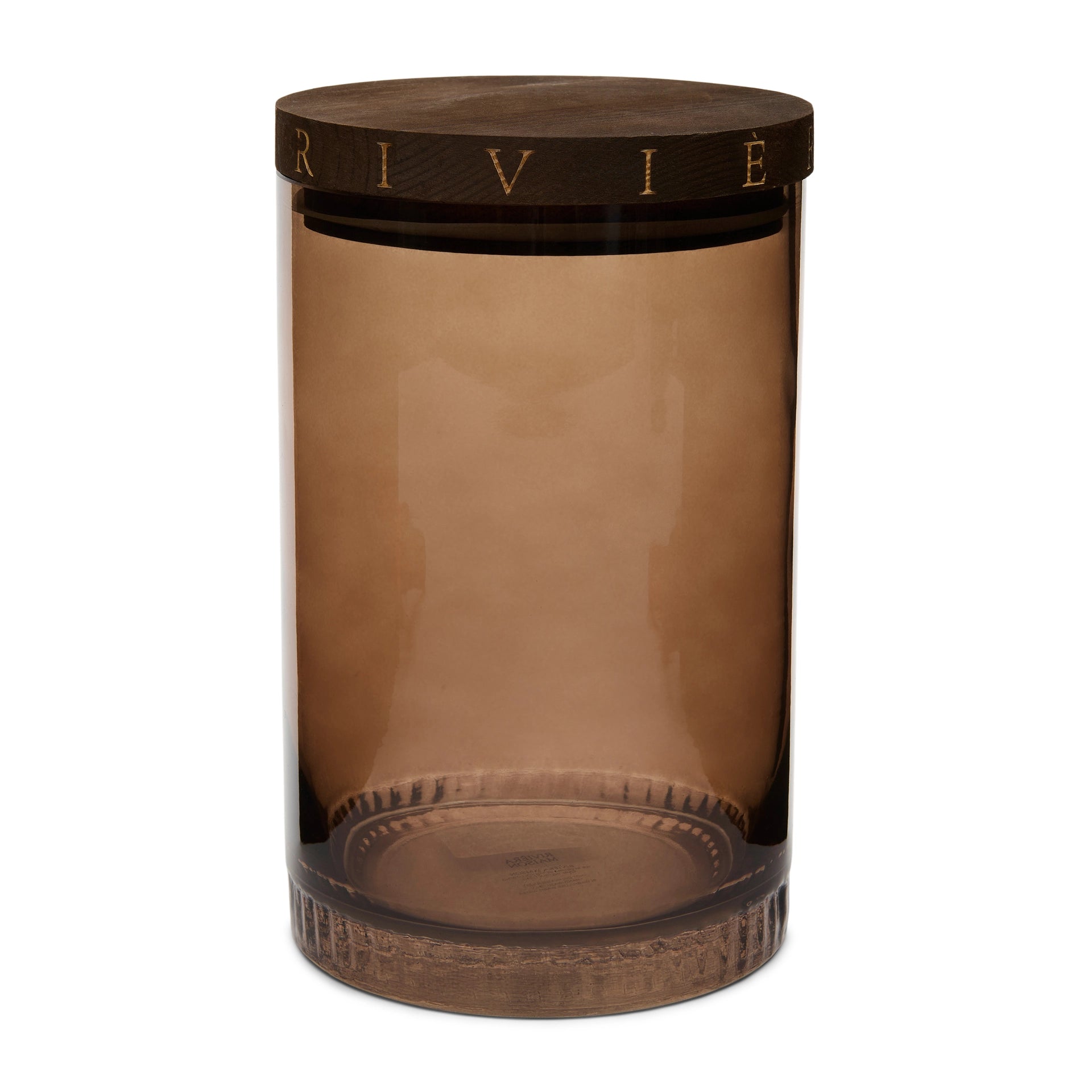 Rauchbraunes Vorratsglas von Riviera Maison mit Holzdeckel und umlaufender „MAISON“-Gravur.