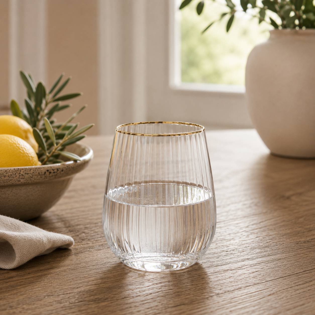 Riviera Maison Maison Water Glass Gold aus Klarglas mit feiner Rillenstruktur und Goldrand.