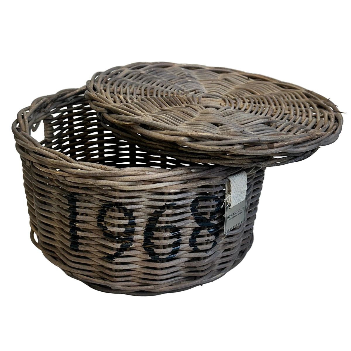 Rattan Box 1968 mit Deckel und schwarzem Schriftzug aus naturfarbenem Rattan