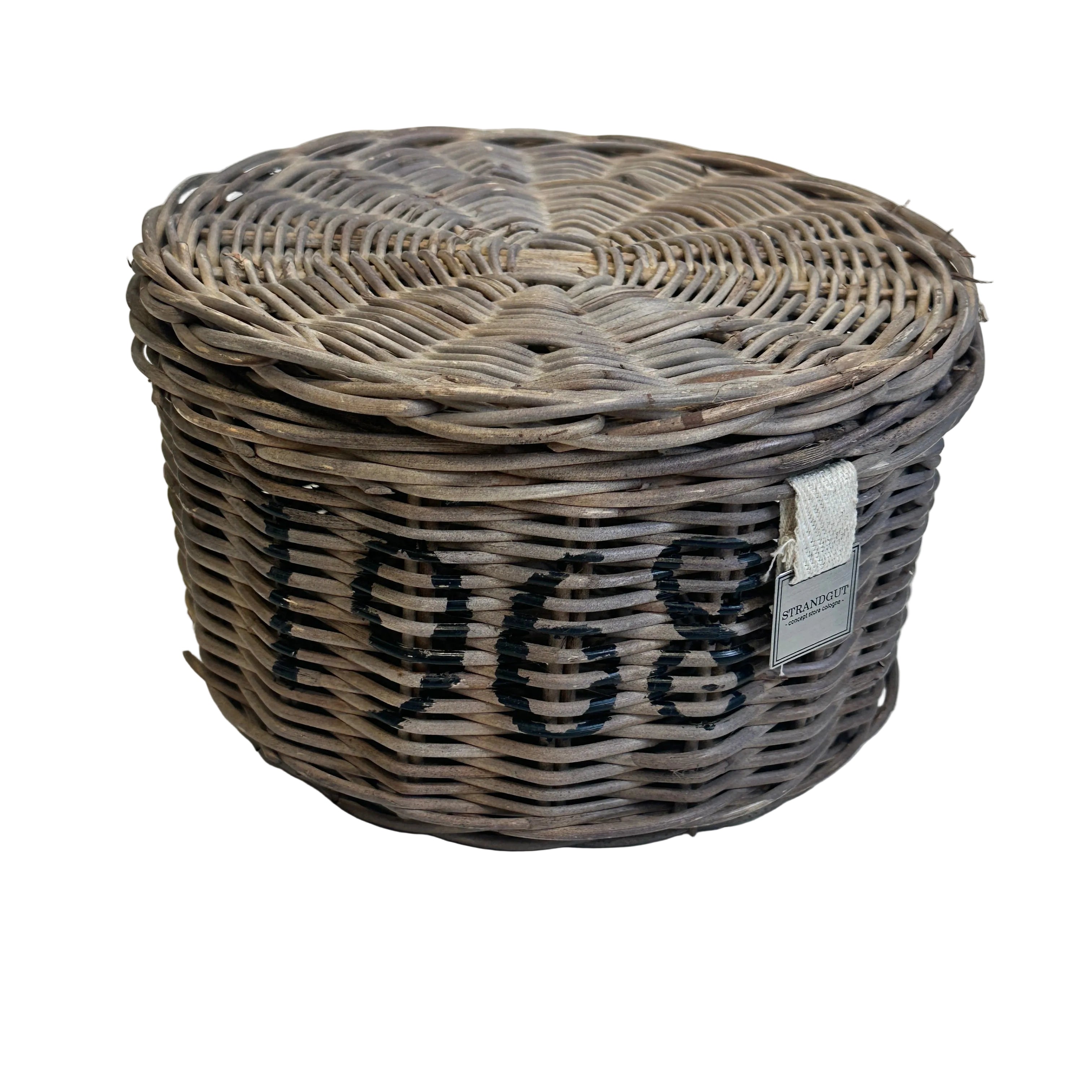Rattan Box 1968 mit Deckel und schwarzem Schriftzug aus naturfarbenem Rattan