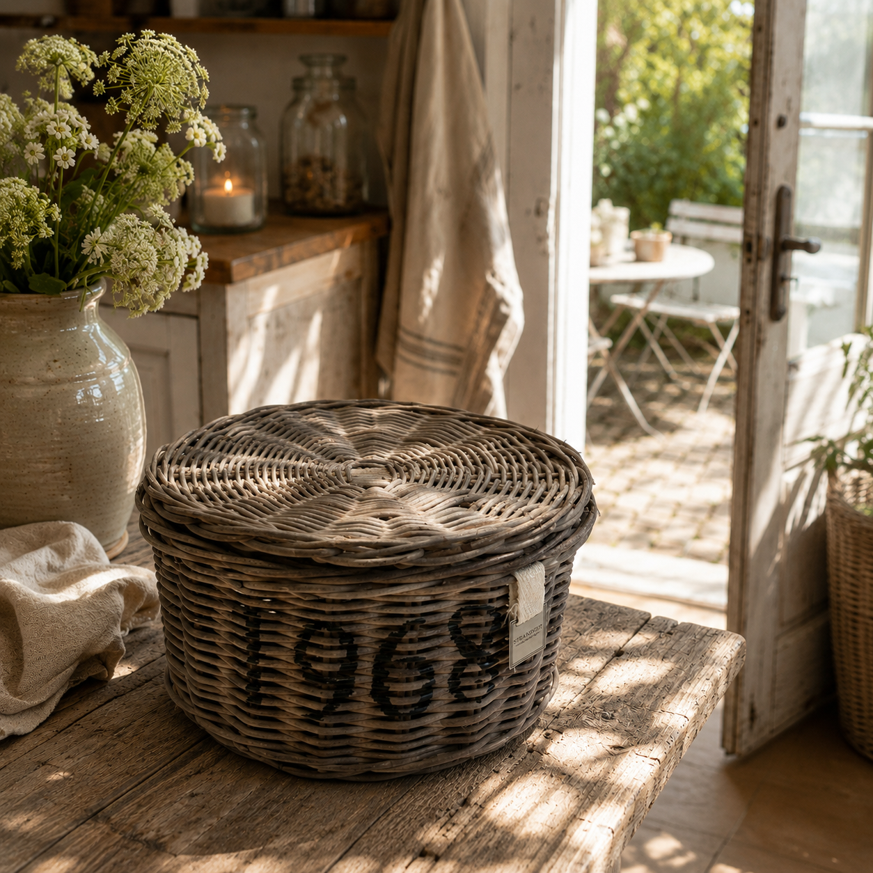 Rattan Box 1968 mit Deckel und schwarzem Schriftzug aus naturfarbenem Rattan