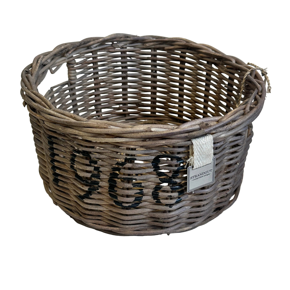Rattan Box 1968 mit Deckel und schwarzem Schriftzug aus naturfarbenem Rattan