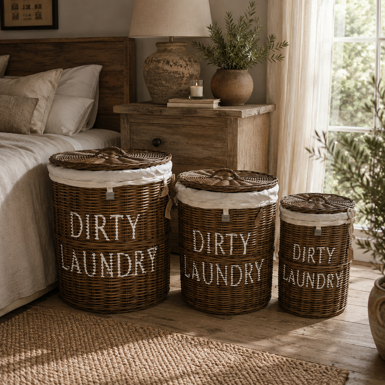 Rattan Laundry Hamper Wäschekorb mit Deckel und DIRTY LAUNDRY Schriftzug von STRANDGUT
