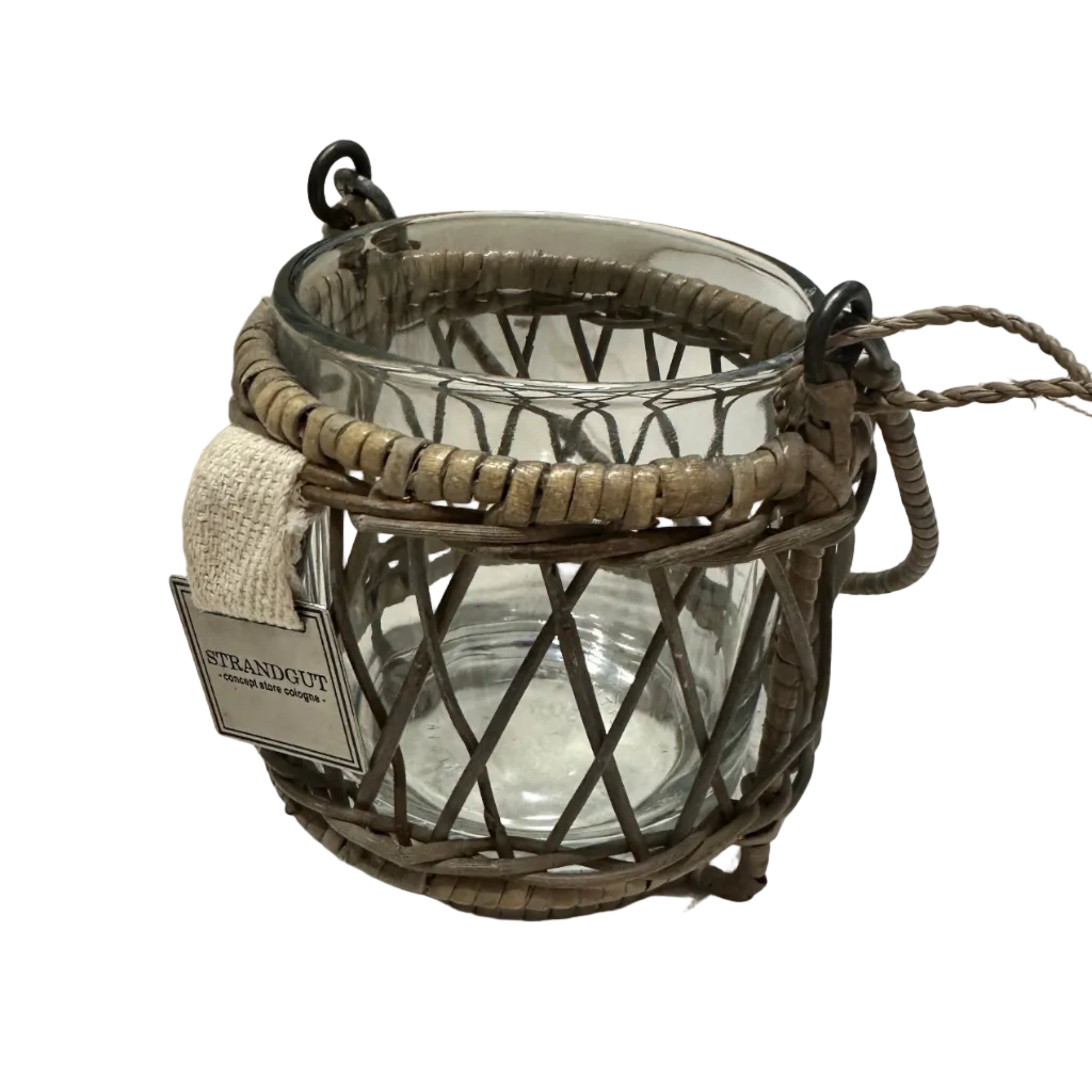 Rattan Votivglas mit Henkel und Glaseinsatz aus der STRANDGUT Rattan Collection – kleines Windlicht aus Rattan und Glas