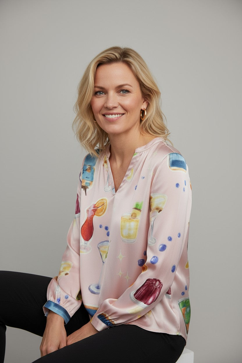Seidenbluse Damen rosa mit Sommerprint von Grace