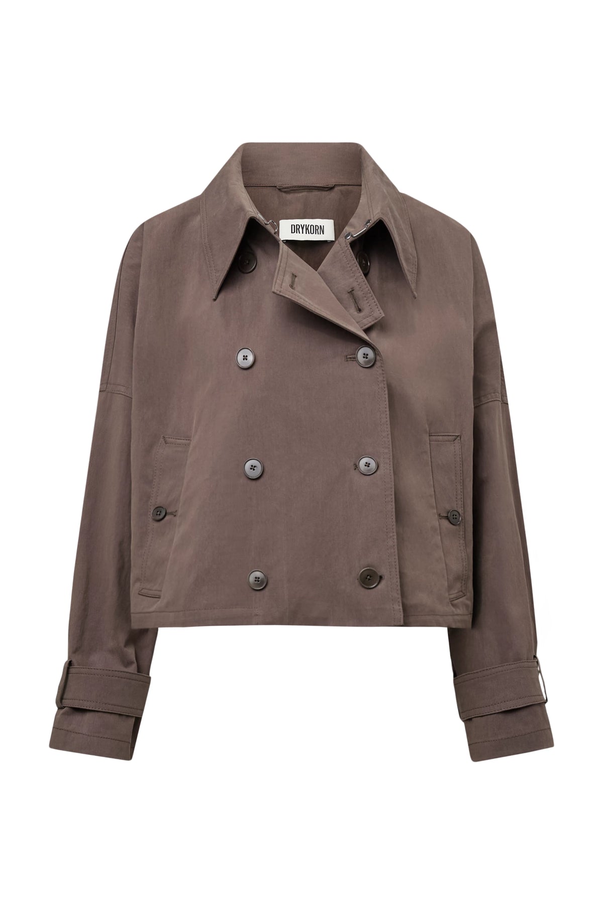 DRYKORN HELSBY kurze Damenjacke in Taupe mit doppelreihiger Knopfleiste, Reverskragen und lässiger Passform.