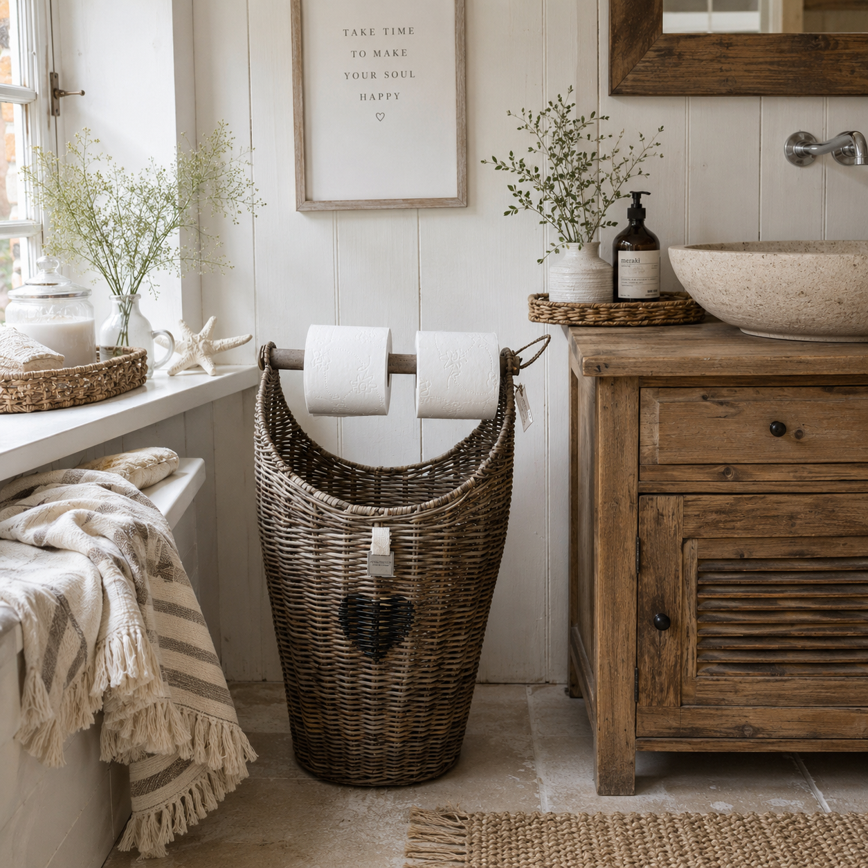 Rattan Toilet Roll Basket HEART mit Holzstange für Toilettenpapier und schwarzem Herz