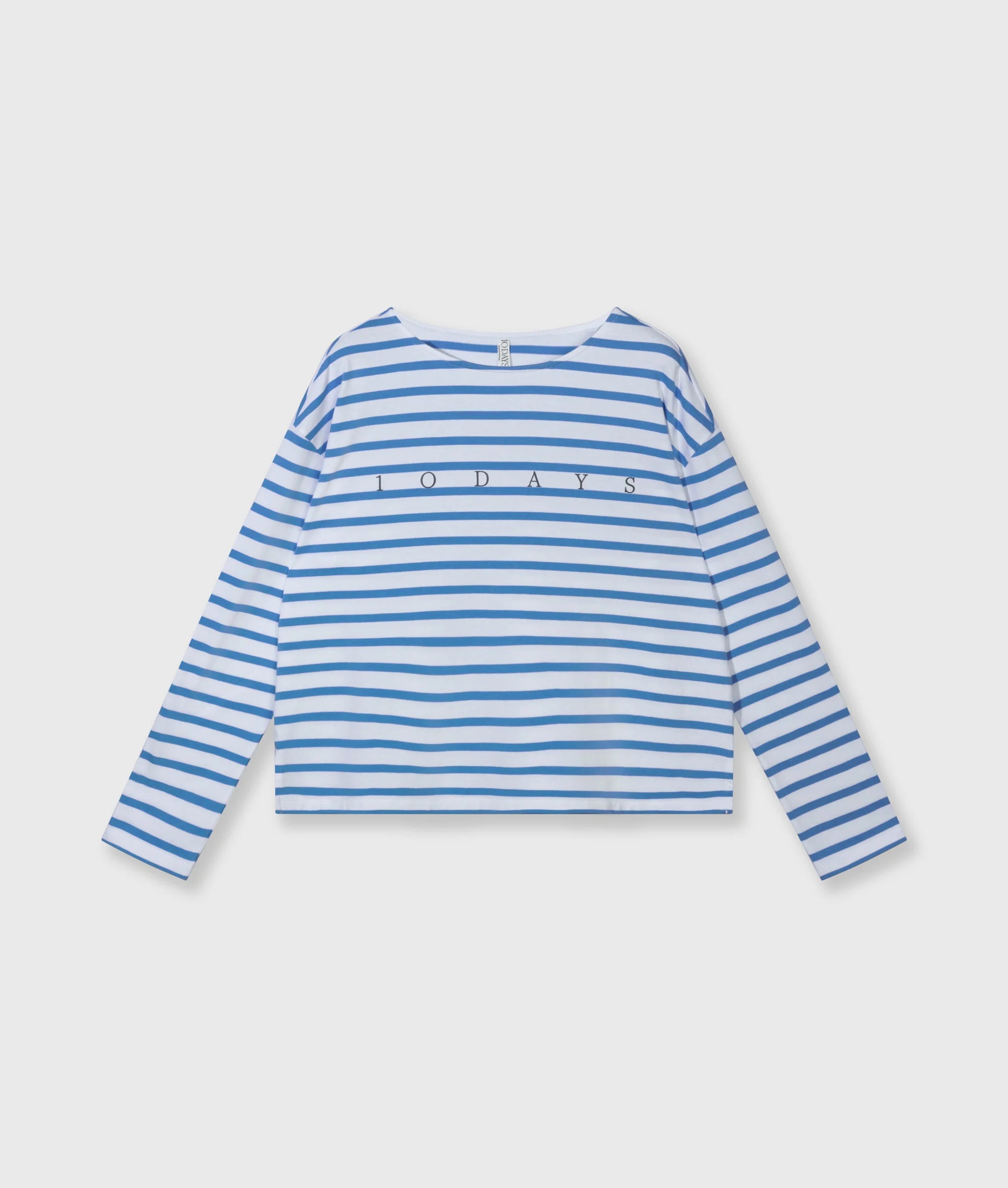 10 Days Amsterdam Sweater Stripes White Ultramarine – weiß-blau gestreifter Damen Sweater mit 10DAYS Schriftzug