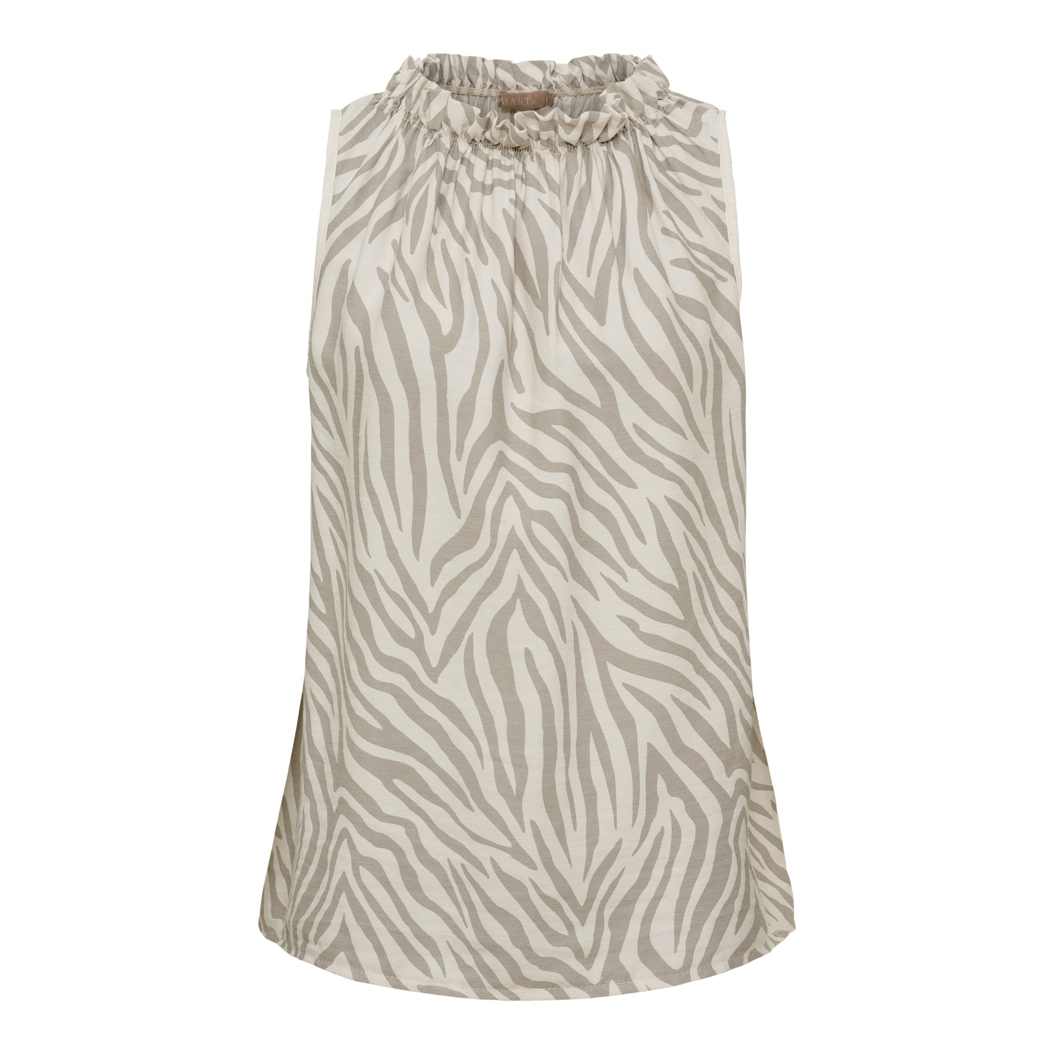 Ärmelloses Damen-Top von Marta du Château mit dezentem Zebra-Print in Beige und Creme, gerafftem Stehkragen und fließender Passform. Elegant kombinierbar zu Leinenhose, Jeans oder Rock.