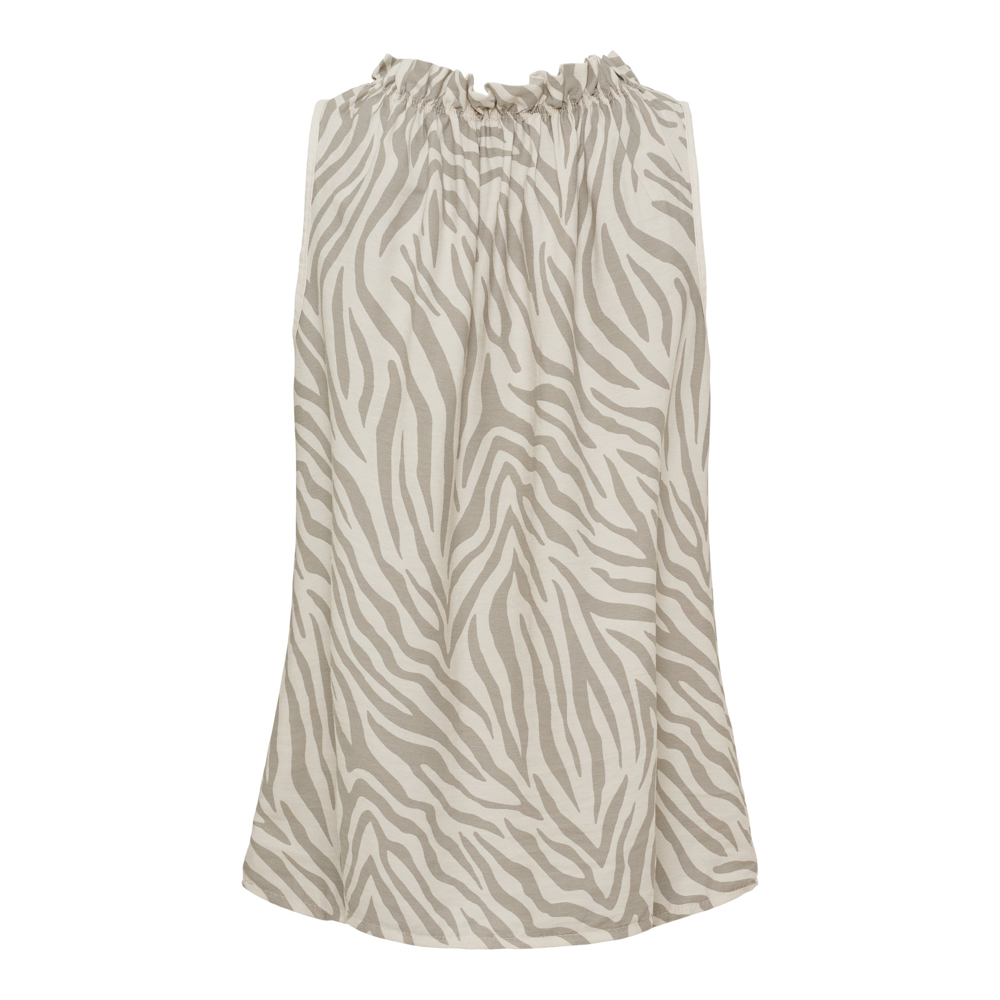 Ärmelloses Damen-Top von Marta du Château mit dezentem Zebra-Print in Beige und Creme, gerafftem Stehkragen und fließender Passform. Elegant kombinierbar zu Leinenhose, Jeans oder Rock.