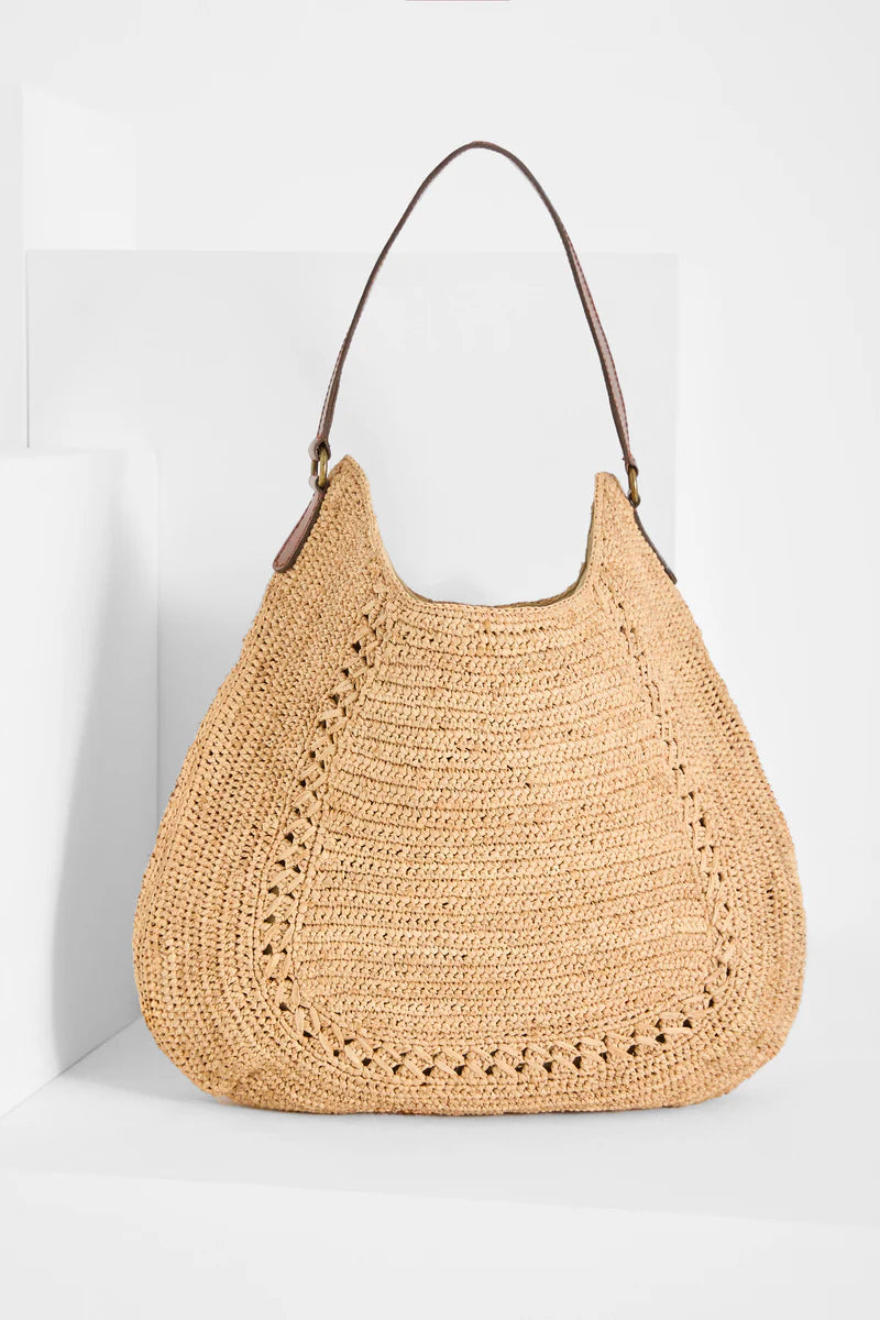 IBELIV MEVA Hobo-Tasche aus handgefertigtem Raffia mit Lederhenkel und weicher Silhouette