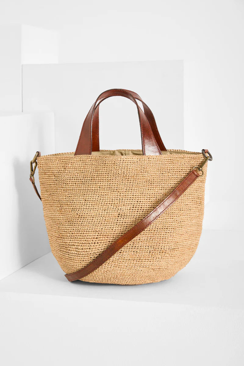 IBELIV MIROZY Handtasche aus handgefertigtem Raffia mit Ledergriffen und abnehmbarem Schulterriemen