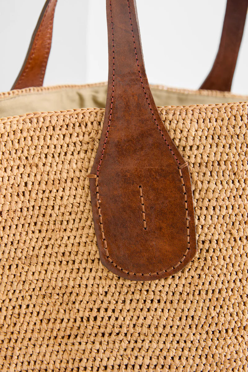 IBELIV TOKYO II Korbtasche aus handgefertigtem Raffia mit Ledergriffen und Bio-Baumwollfutter