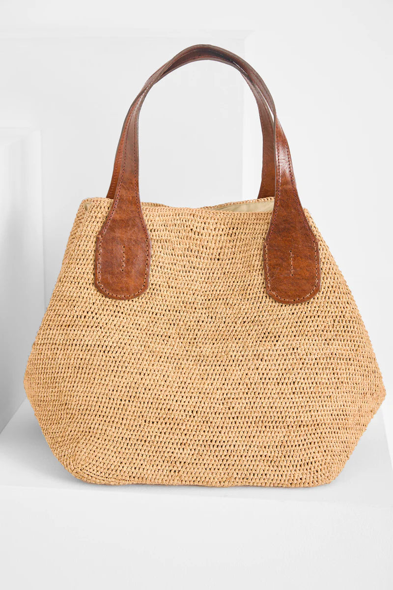 IBELIV TOKYO II Korbtasche aus handgefertigtem Raffia mit Ledergriffen und Bio-Baumwollfutter