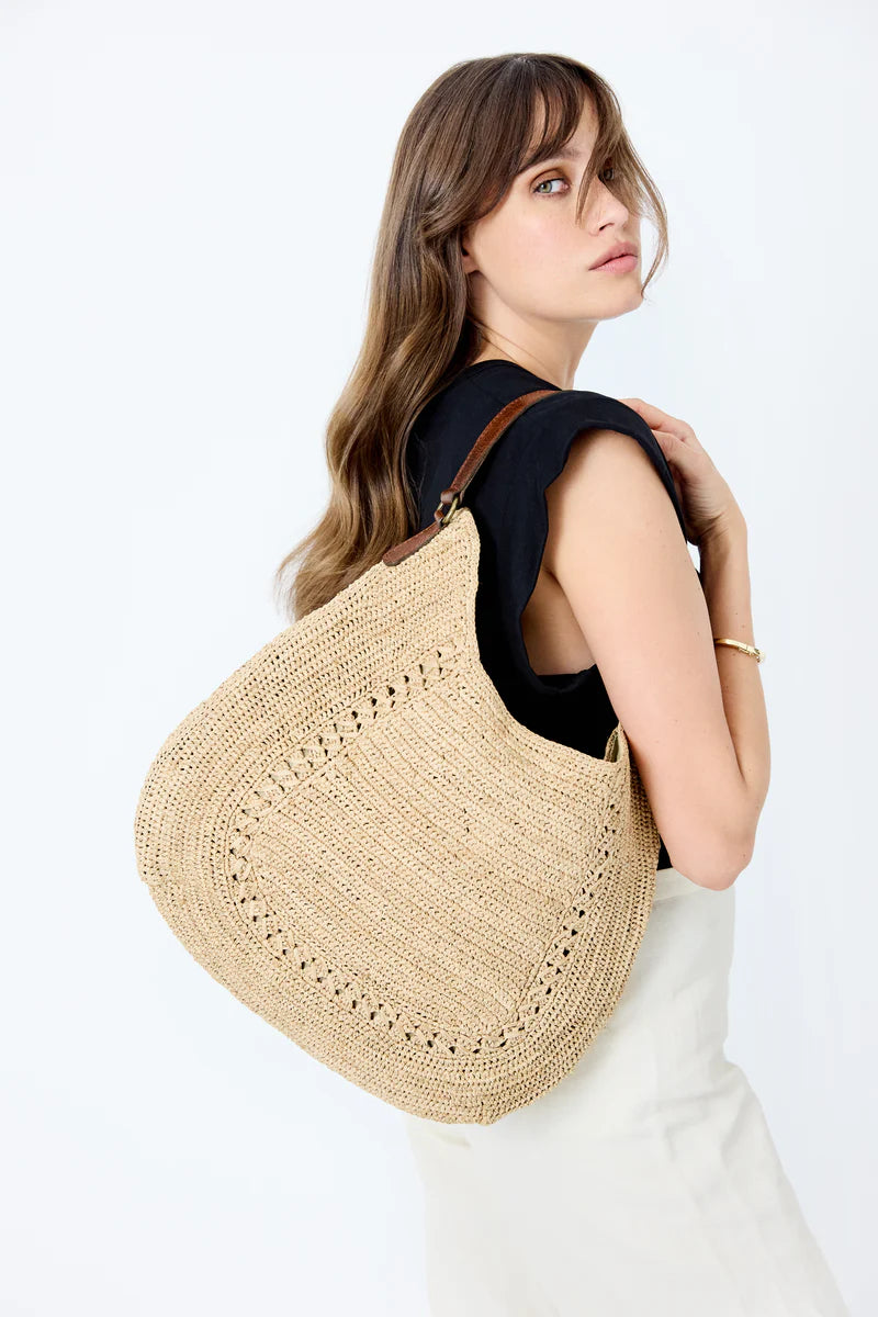 IBELIV MEVA Hobo-Tasche aus handgefertigtem Raffia mit Lederhenkel und weicher Silhouette