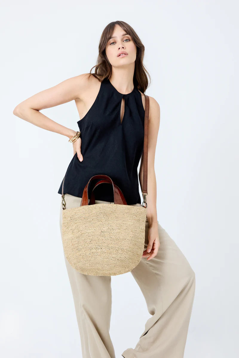 IBELIV MIROZY Handtasche aus handgefertigtem Raffia mit Ledergriffen und abnehmbarem Schulterriemen