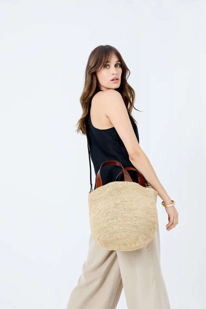 IBELIV MIROZY Handtasche aus handgefertigtem Raffia mit Ledergriffen und abnehmbarem Schulterriemen