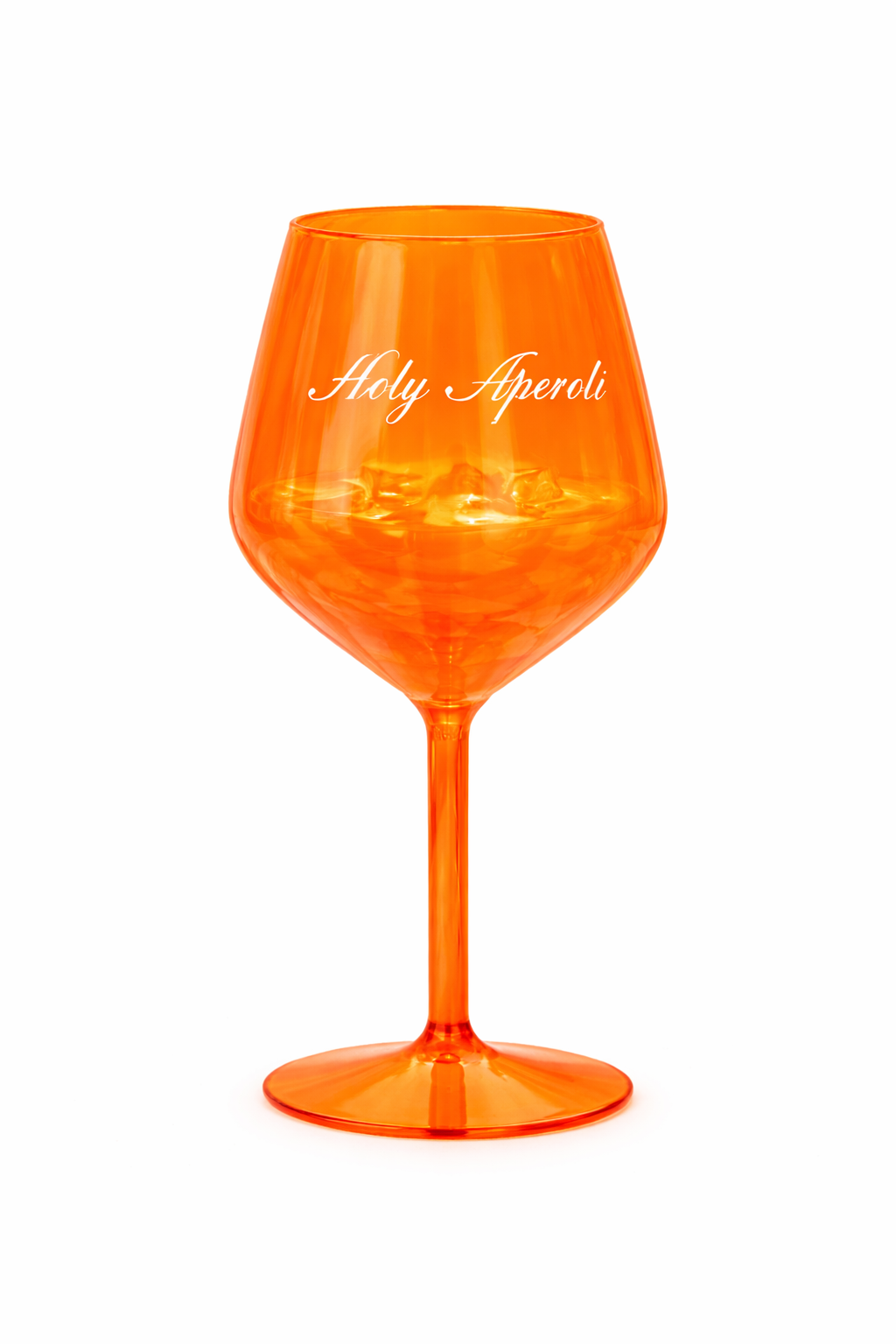 Aperolglas Orange aus Kunsstoff mit Aufschrift "Holy Aperoli" von Cor Mulder