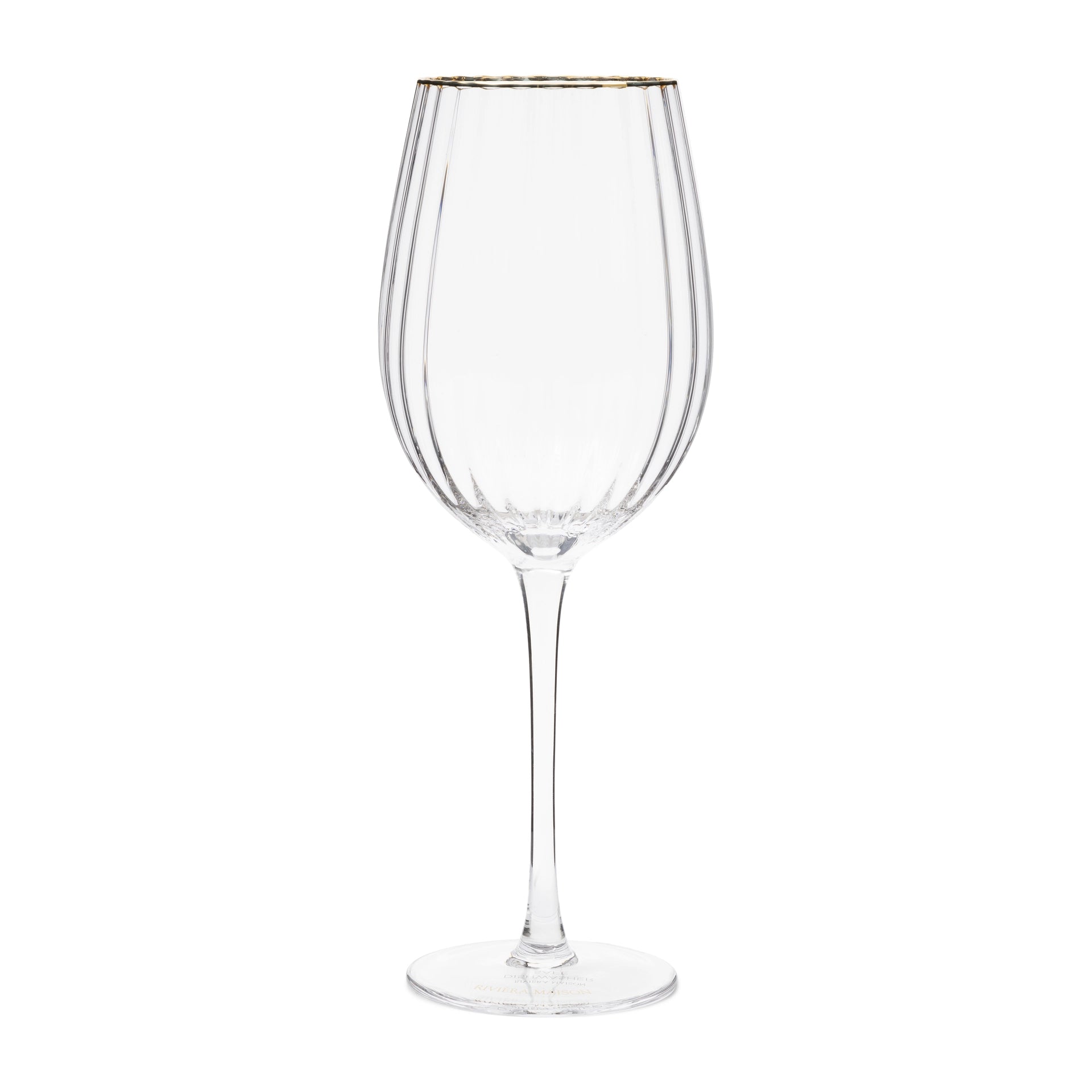 Riviera Maison Les Saisies Wine Glass aus Klarglas mit feiner vertikaler Rillenstruktur und Goldrand.