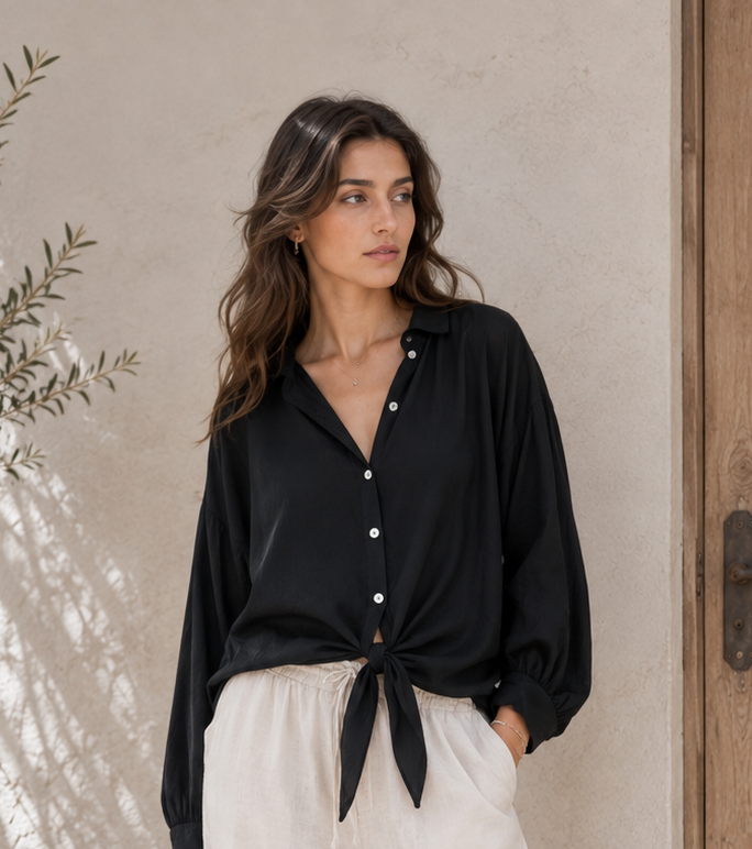 Bluse mit Bindeknoten Schwarz