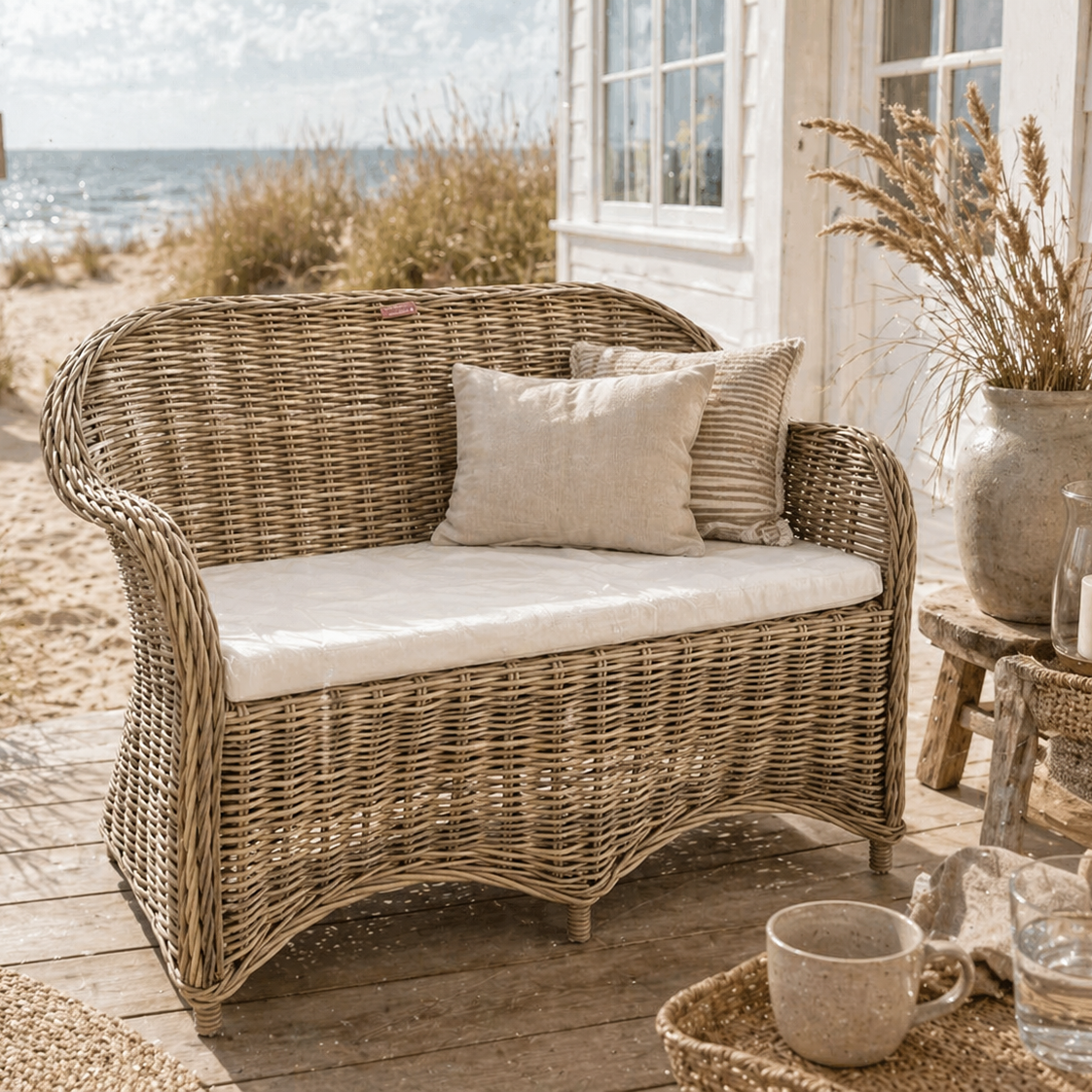 Rattanbank 2-Sitzer mit weißem Sitzkissen von STRANDGUT