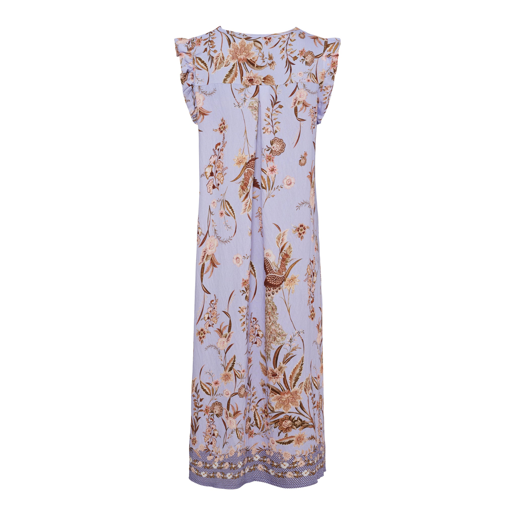 Florales Midikleid von Marta du Château in Celeste mit Vogelmotiv, Volants an den Schultern und femininem V-Ausschnitt.