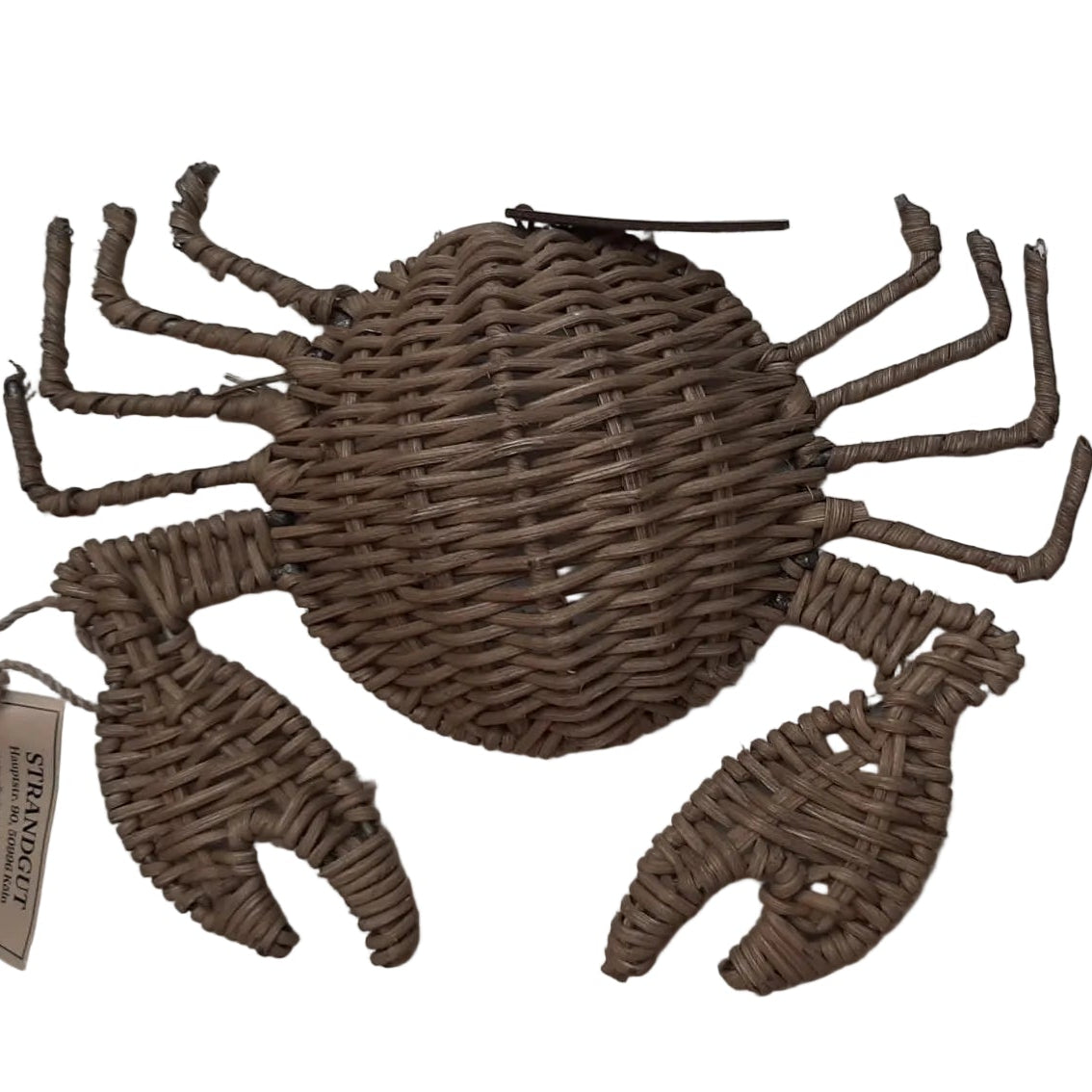 Handgeflochtene Rattan-Krabbe als maritime Tischdekoration aus Naturmaterial, 28 × 20 × 4 cm.