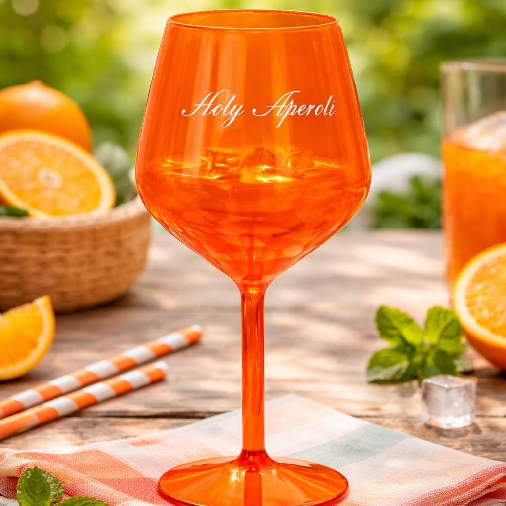 Aperolglas Orange aus Kunsstoff mit Aufschrift "Holy Aperoli" von Cor Mulder