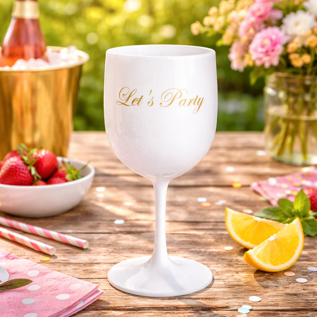 Weisses Kunsstoffglas mit goldener Aufschrift "Let's Party"