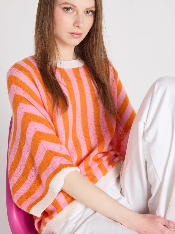 Orange rosa gestreifter Damen Pullover aus Kaschmir "Netti" von Absolut Cashmere