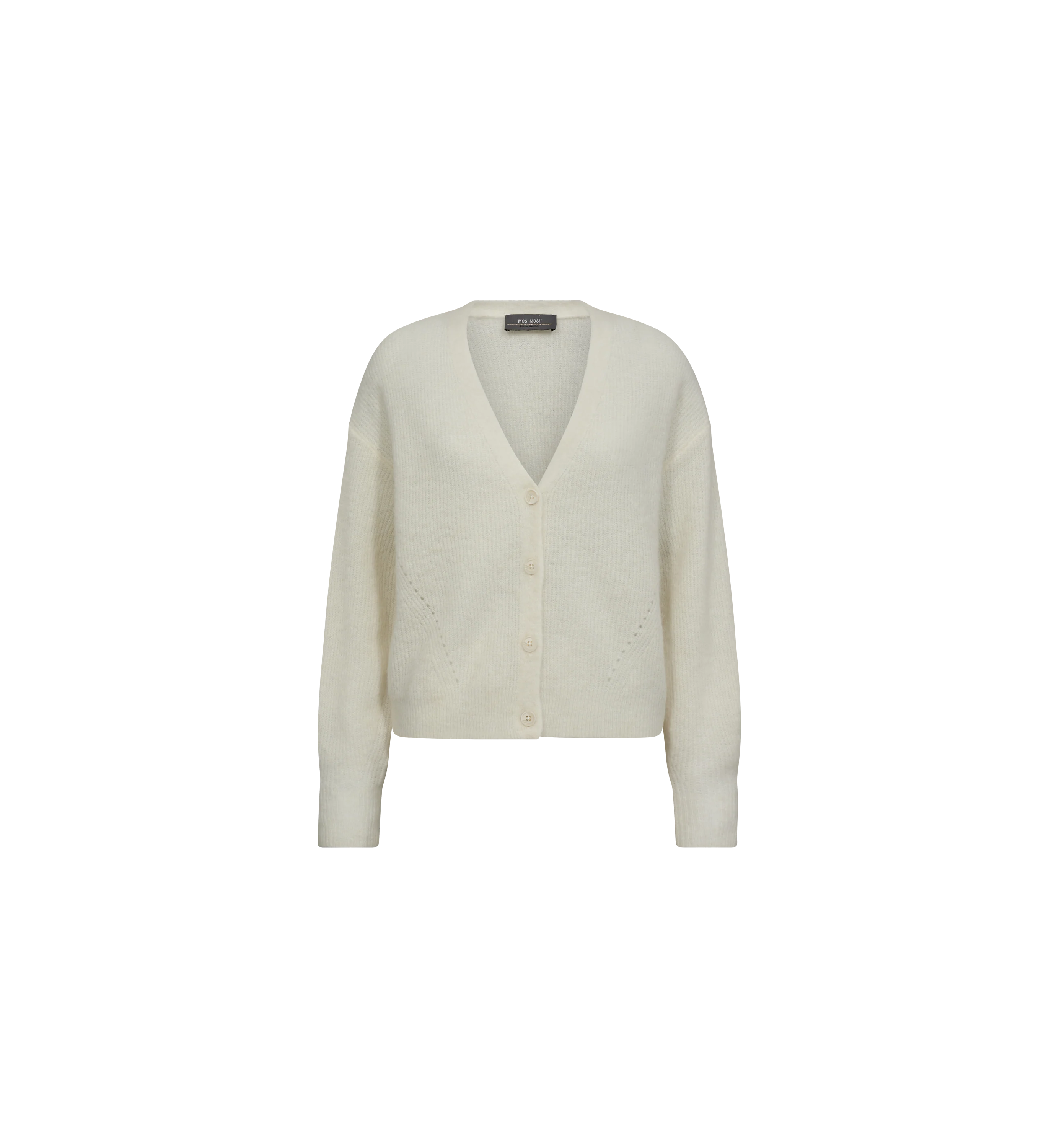 Model trägt den cremefarbenen Mos Mosh THORA Cardigan aus weichem Alpaka-Wollmix mit V-Ausschnitt und Knopfleiste.