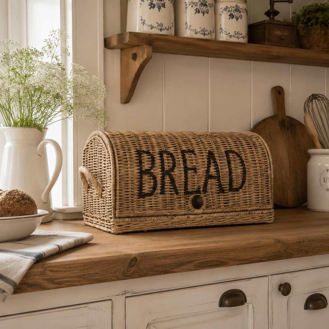 Rattan Brotkorb mit schwarzer Aufschrift BREAD