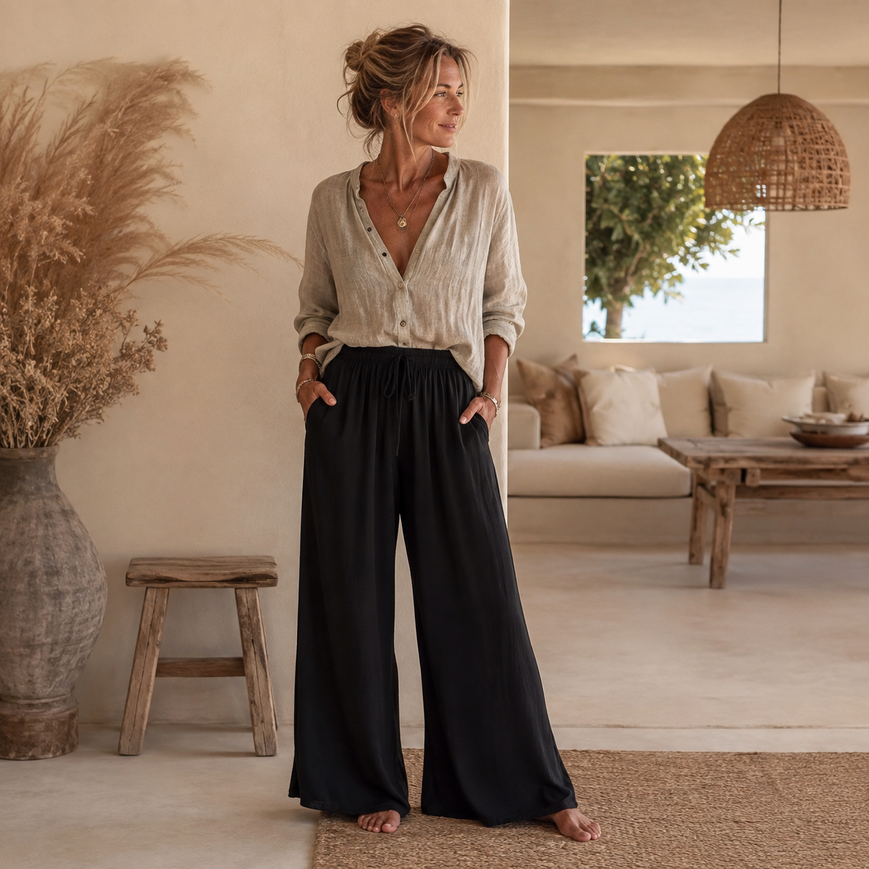 Lässige Slub-Pants für Damen in Einheitsgröße ca. XS bis L mit weitem Bein und elastischem Bund – in vielen Farben bei STRANDGUT