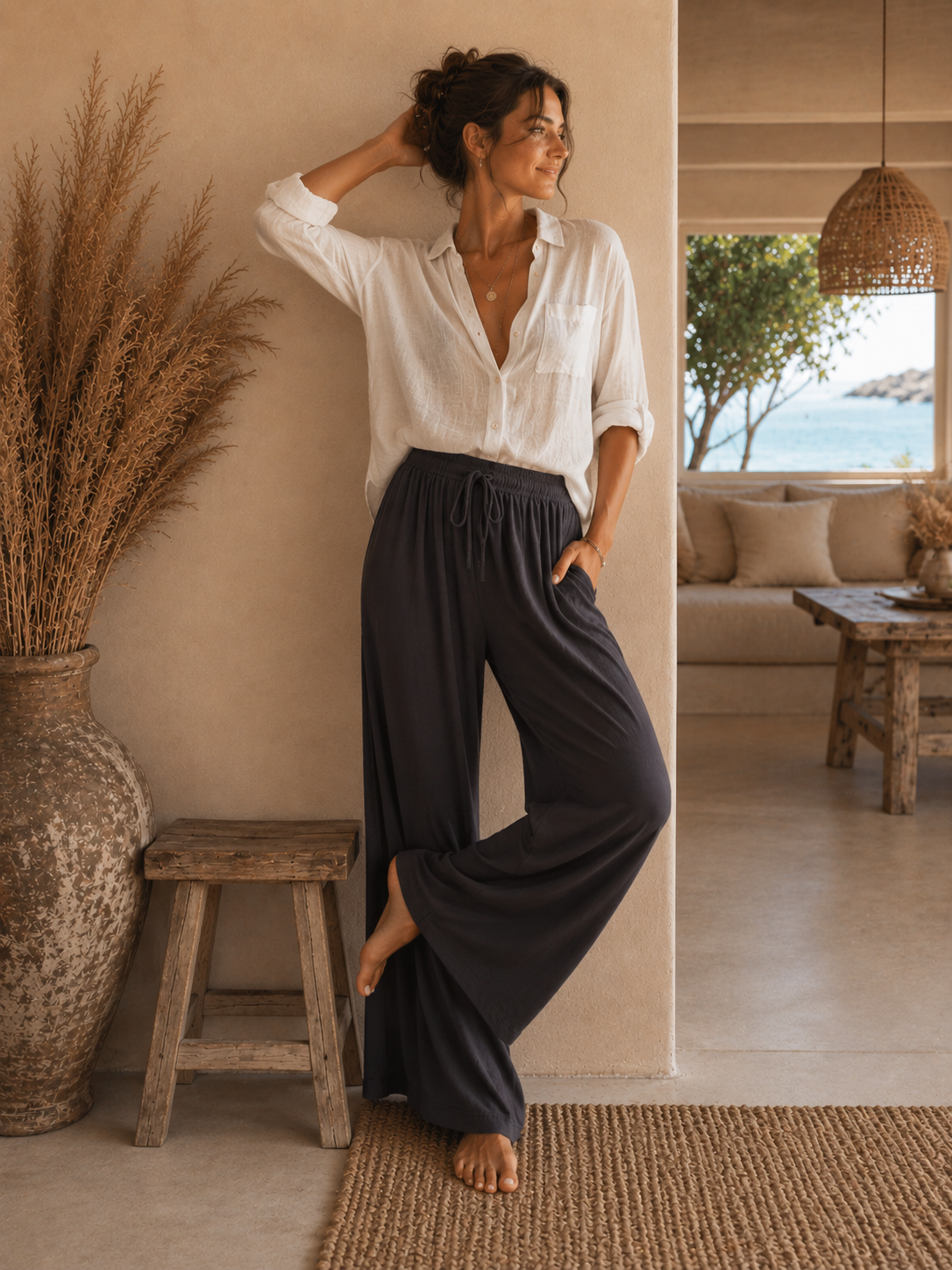 Lässige Slub-Pants für Damen in Einheitsgröße ca. XS bis L mit weitem Bein und elastischem Bund – in vielen Farben bei STRANDGUT