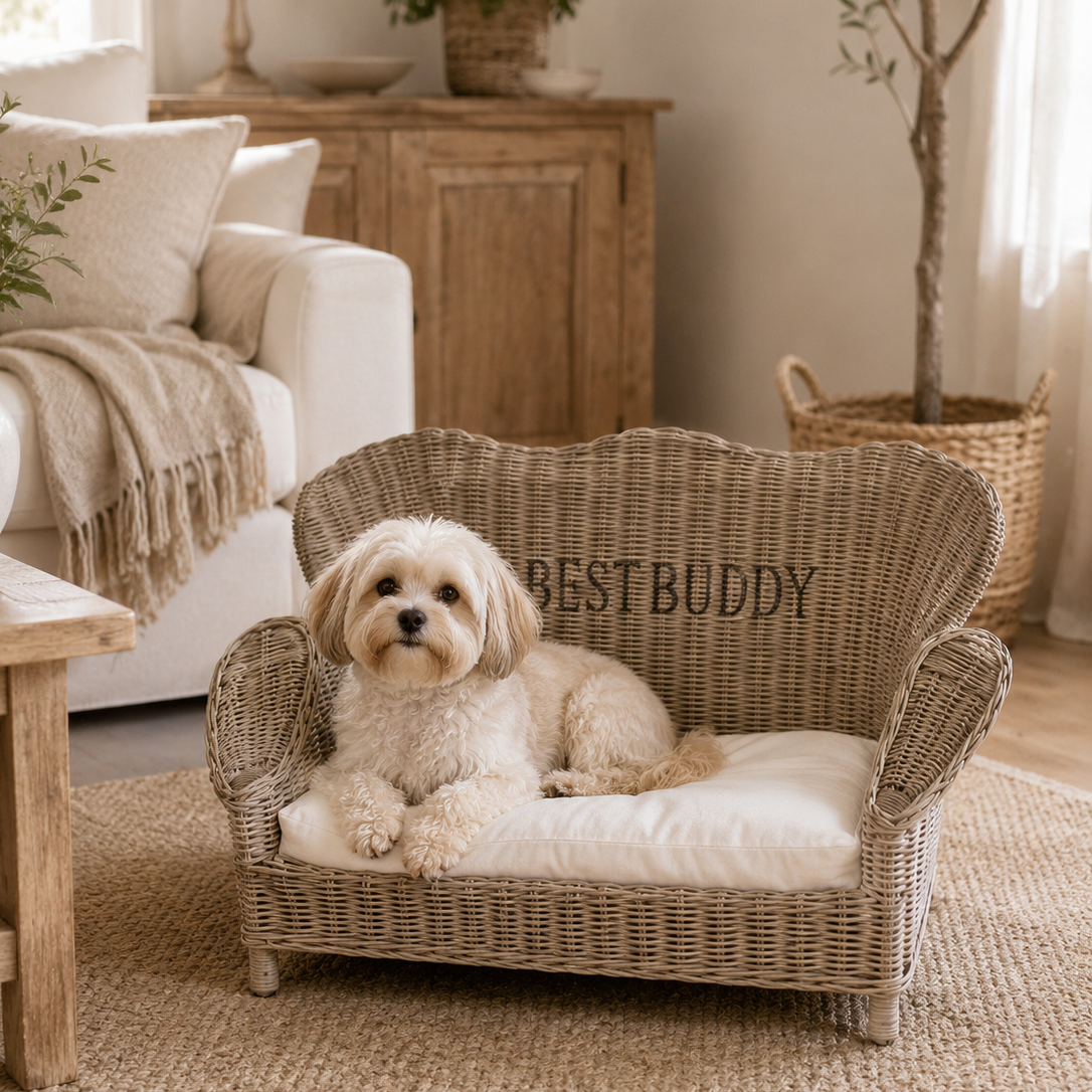 Hundebett aus Rattan in Form eines Sofas mit weißem Kissen und Beschriftung "Best Buddy".