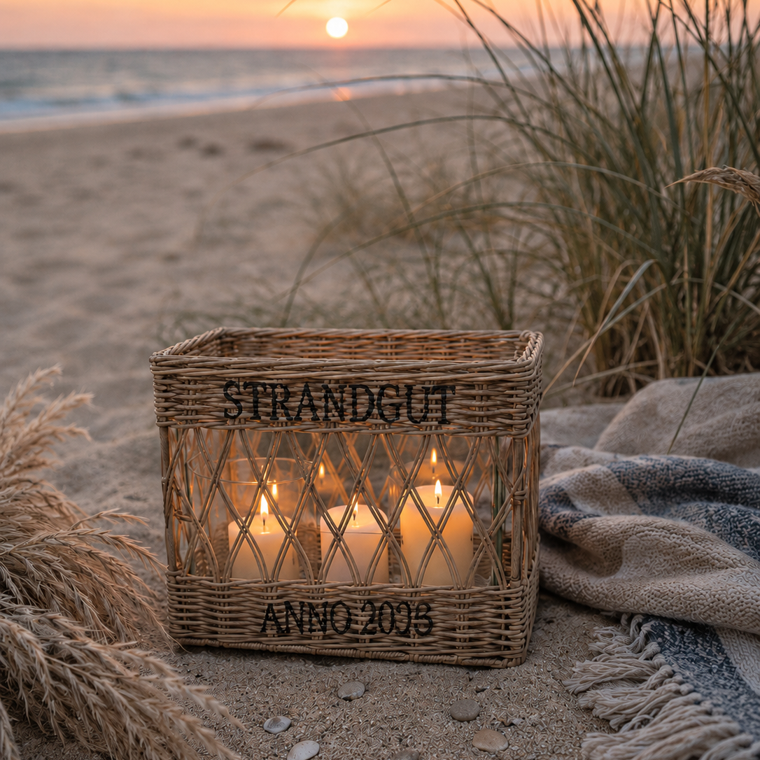 Quadratisches Jubiläumswindlicht aus Rattan mit Aufschrift STRANDGUT ANNO 2006 und Glaseinsatz.