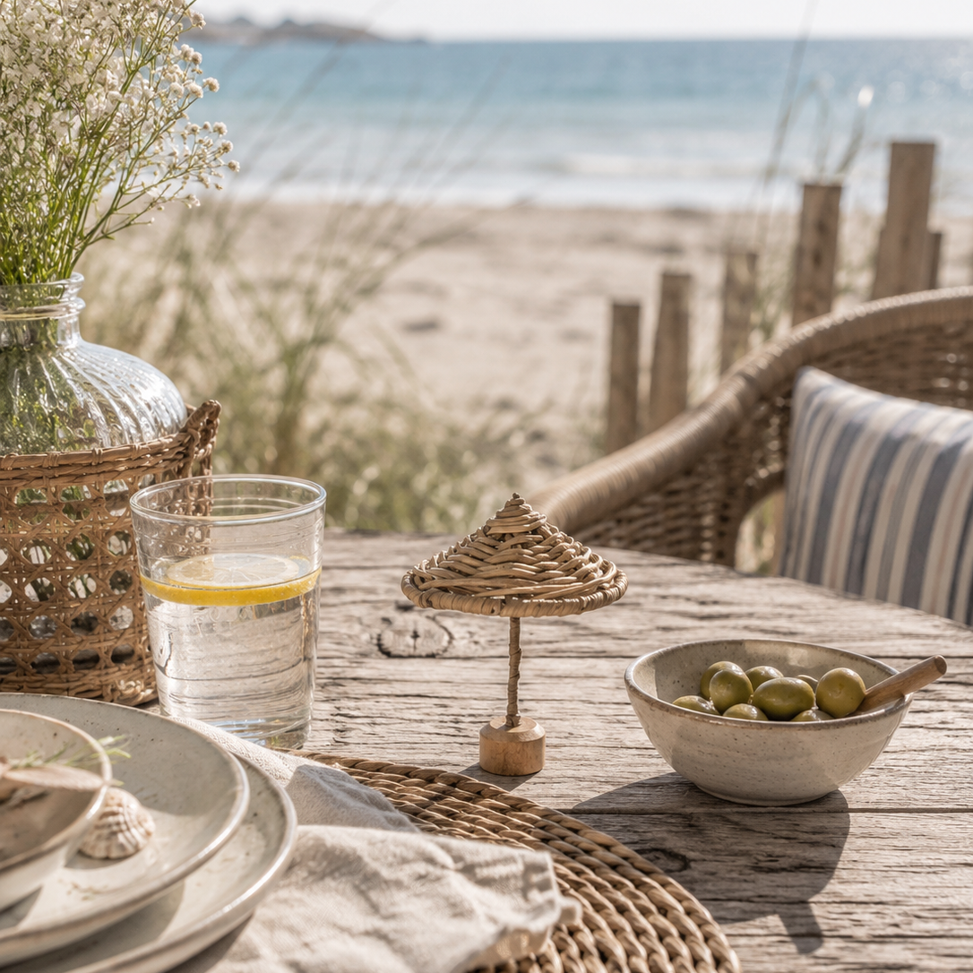 Tischdekoration aus Rattan in Form eines kleinen Sonnenschirms von STRANDGUT