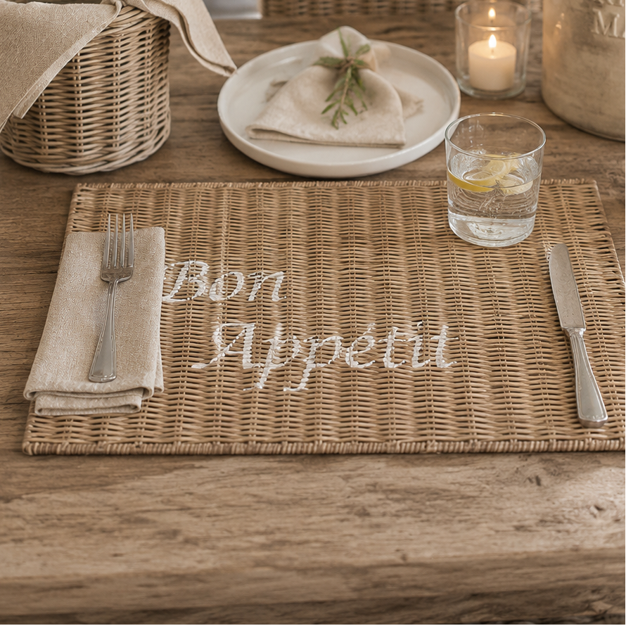 Tischset aus Rattan mit weißer Aufschrift BON APPETIT von STRANDGUT