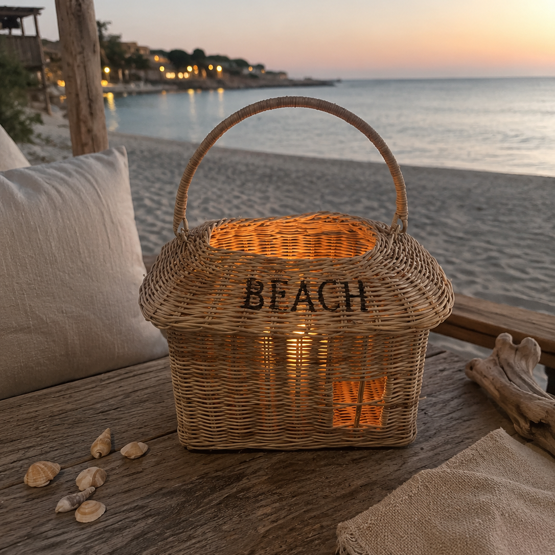 Windlicht aus Rattan in Form eines Hauses mit der Aufschrift BEACH auf dem Dach.